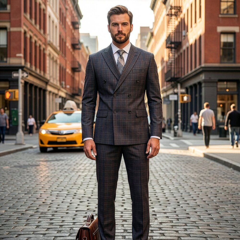 New 2026 Mens 2pc Plaid Windowpane Dark Grey Suit Set, Hybrid Fit